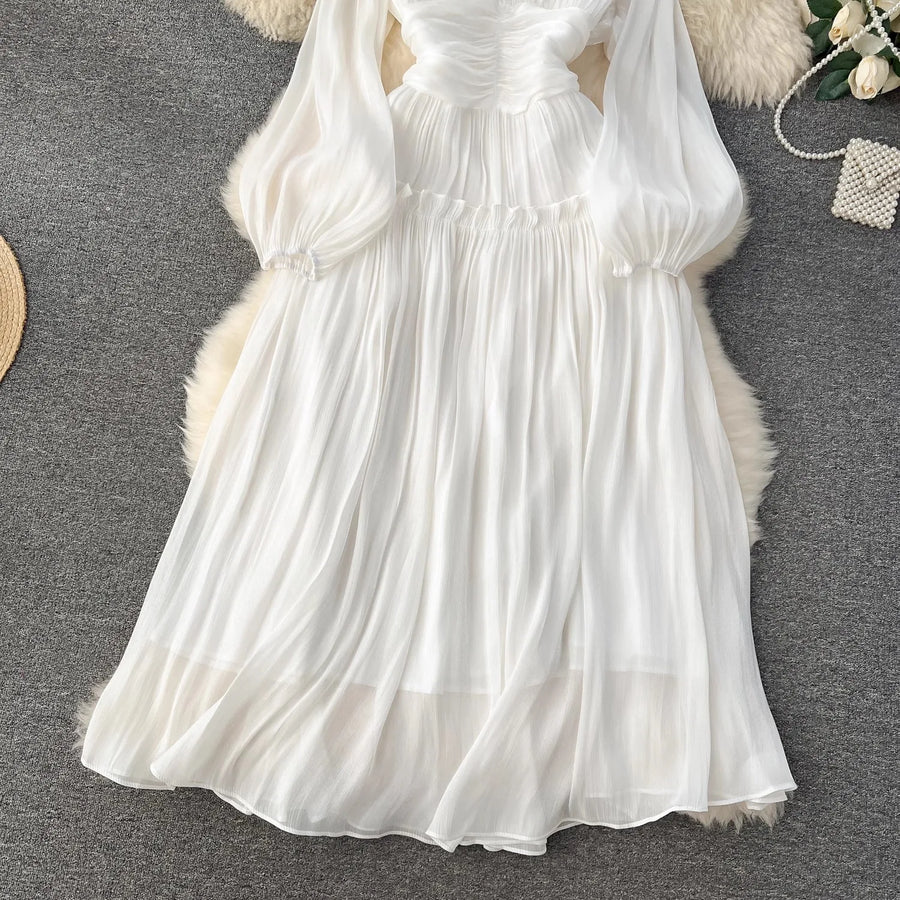 Elegant long dress with puff sleeves stand collar, ruffles, high waist high quality