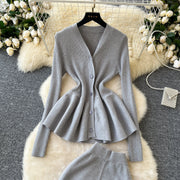 Fashion Luxury Women Sweater Suits Ruffles Slim Knitted Blouse + Elastic Long Flare Pant Two Piece Sets High Quality