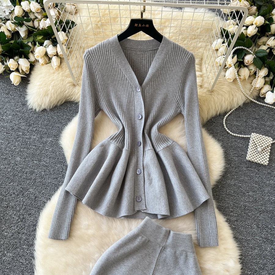 Fashion Luxury Women Sweater Suits Ruffles Slim Knitted Blouse + Elastic Long Flare Pant Two Piece Sets High Quality