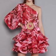 Sexy Diagonal Collar Long Sleeve Floral Mini Dress Elegant Slanted Shoulder Belt Printing Slim Dress Women Party Club Evening