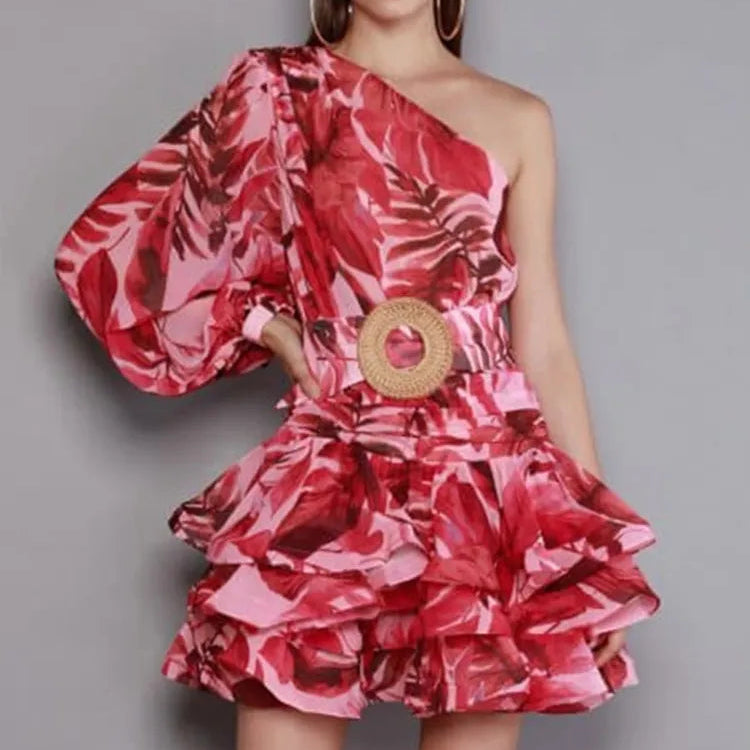 Sexy Diagonal Collar Long Sleeve Floral Mini Dress Elegant Slanted Shoulder Belt Printing Slim Dress Women Party Club Evening