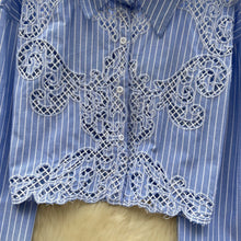 High quality long sleeve flower openwork design striped shirt