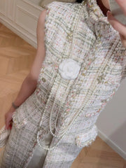Autumn Winter Fashion Women Maxi Long Tweed Jacket Stand Collar Sleeveless Coat Wide Waisted Party Jacket Elegant Lady Designer