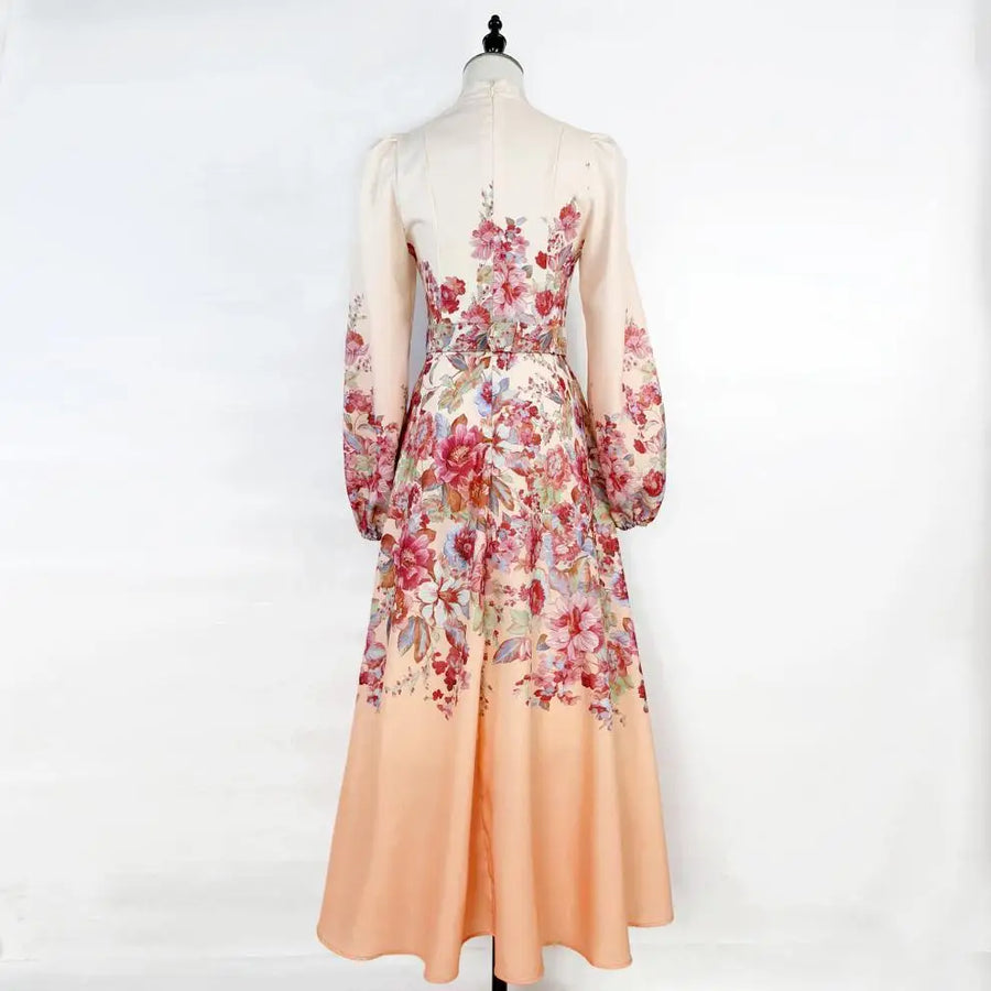Floral print dress with long sleeves, high neck, and belt, high quality midi length
