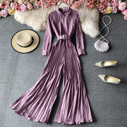 High Quality Long Sleeve High Waist Lace Up Pleated Vintage Jumpsuit