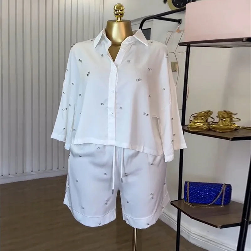 Beading Women's Set Long Sleeve Shirt and Shorts Suit  Summer OL Fashion Two 2 Piece Sets Outfit Tracksuit