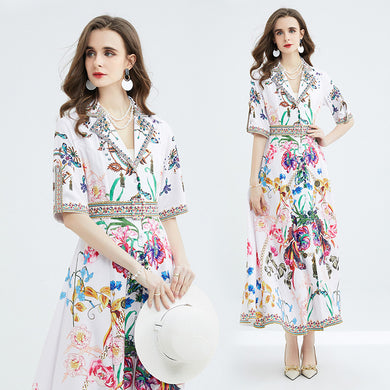 Long short-sleeved dress with flower print and high-quality belt