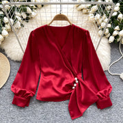 Basic long sleeve V-neck blouse, vintage asymmetrical style, beaded embroidered, high-quality pleated