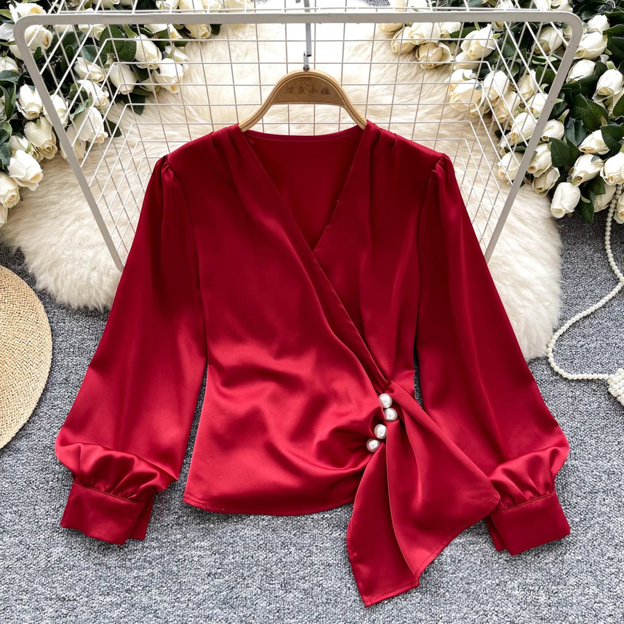 Basic long sleeve V-neck blouse, vintage asymmetrical style, beaded embroidered, high-quality pleated