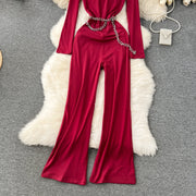 Solid Jumpsuit Chain Round Neck Long Sleeve Cropped Wide Leg Long Pants