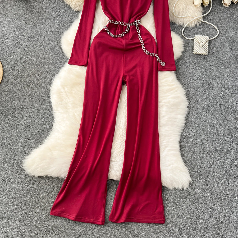 Solid Jumpsuit Chain Round Neck Long Sleeve Cropped Wide Leg Long Pants