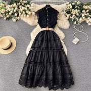 High Quality Sleeveless Stand Collar Hollow Out Belt Water Soluble Embroidery Embroidery Long Elegant Dress