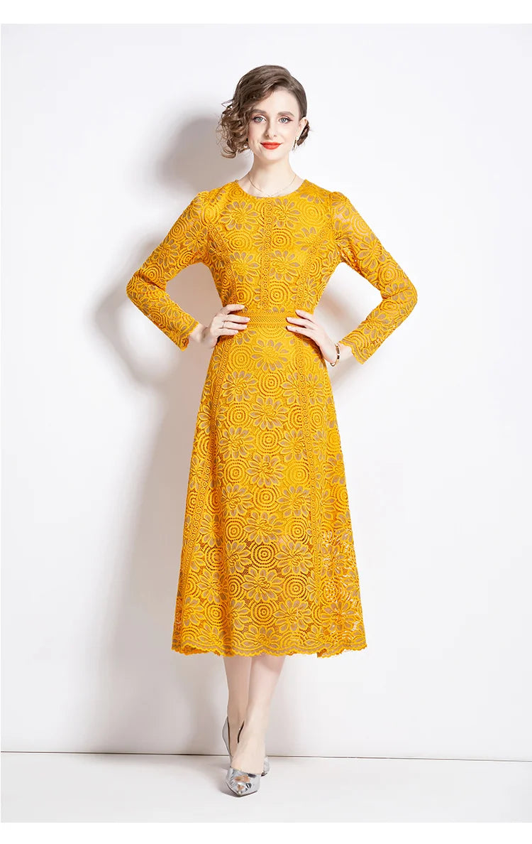 High Quality Pink and Yellow Lace Long Sleeve A-line Elegant Dress