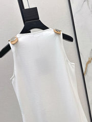 Square neck, sleeveless, patchwork top with high quality metal buckle