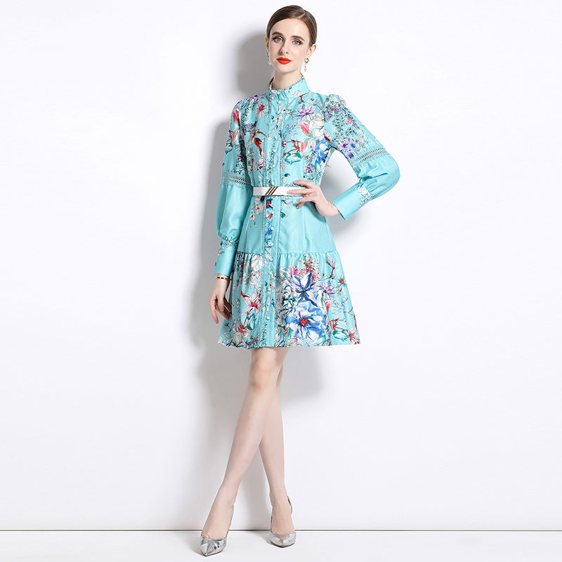 High Quality Support Long Sleeve Flower Print Belted Knee Length Dresses