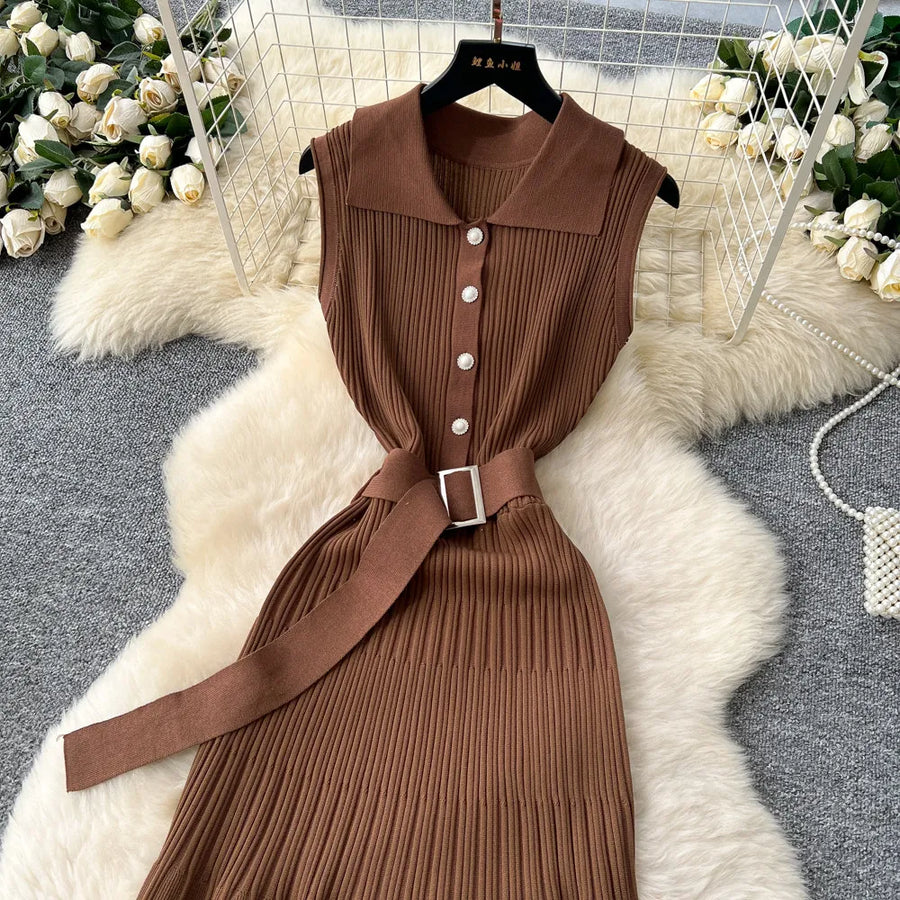SINGREINY 1950s Ribbed Knit Dress Sleeveless Lapel Belt French Ins Chic Spring Summer Celebrity Style Feminine A-line Long Dress