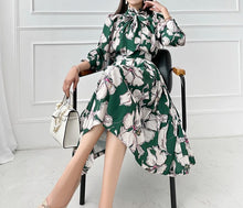 High Quality Floral Print Bow Blouse+Knee Length Skirt 2 Piece Set