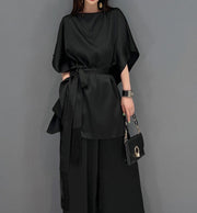 2 Piece Set Stylish Half Sleeve Blouses + With High Quality Wide Leg Long Pants