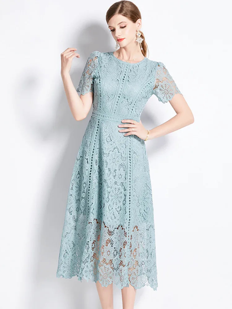 High quality openwork lace short sleeve round neck high-end vintage dress picture color 2 / M High quality openwork lace short sleeve round neck high-end vintage dress picture color 2 / M