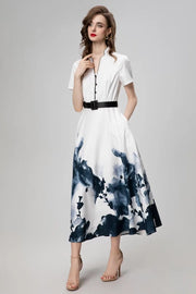 High Quality Elegant V Neck Ink Flower Print Long Dress