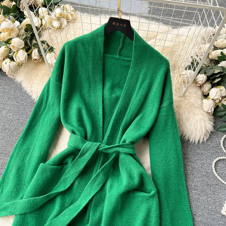 Solid Knitted Two Piece Outfits with Belt Loose Long Cardigan + Striped Halter Bodycon Dress High Quality