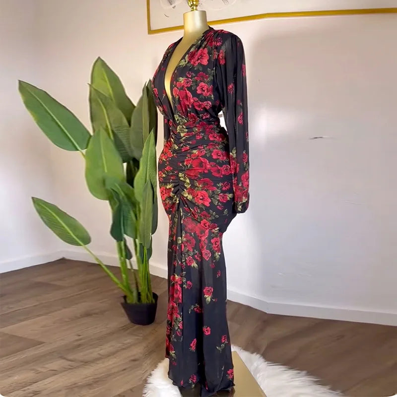 Women Full Sleeve Floral Print V-neck Elegant Long Dress Ruched Holiday Birthday Evening Sexy Party Dresses Vestidos