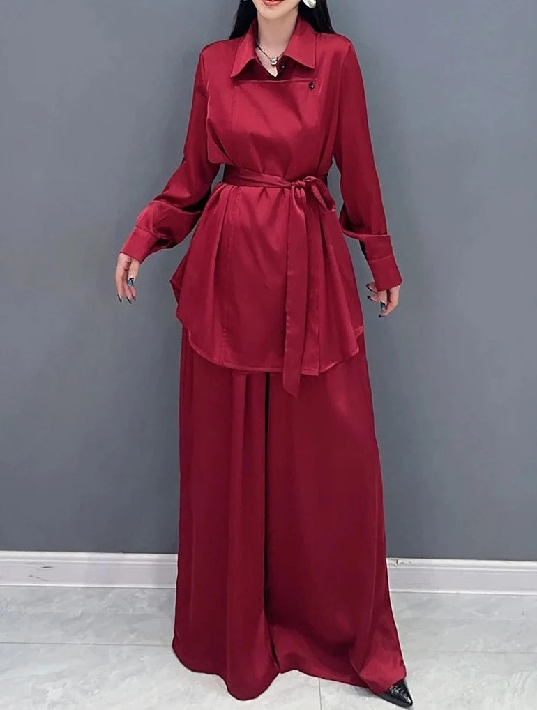 Red and Blue Solid Color Matching Loose Sets Long Sleeve Shirt+Wide Leg Pants High Quality