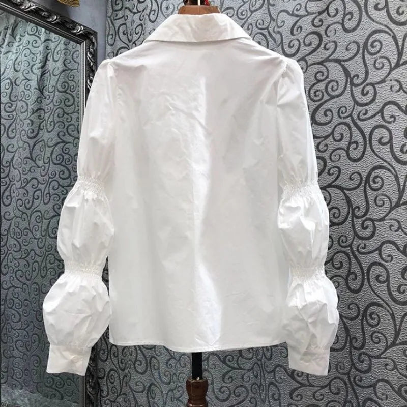 Camisas De Mujer Puff Sleeve Pointed Collar Blouses Women Temperament Ladies Tops Tunic White Shirts Vintage Korean Blouse
