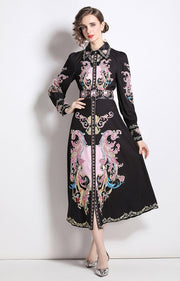 High Quality Flower Print Elegant Belted Long Flare Sleeve Dresses