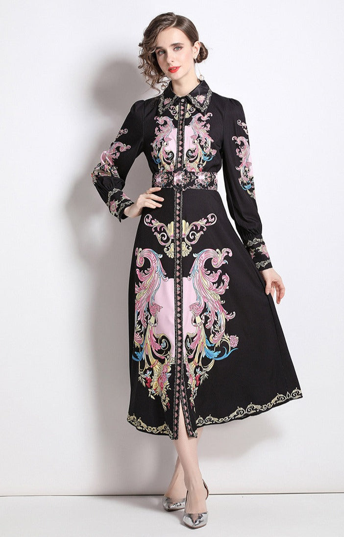 High Quality Flower Print Elegant Belted Long Flare Sleeve Dresses