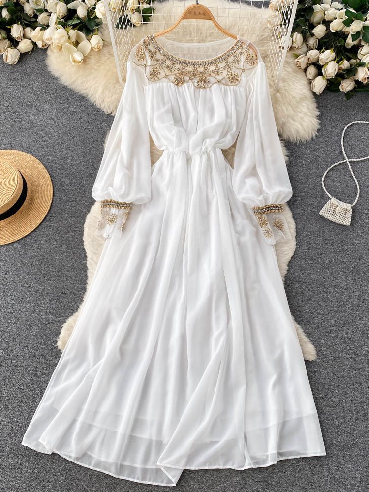 High Quality Various Colors Lantern Sleeve O Neck Maxi Embroidered Dress White / M High Quality Various Colors Lantern Sleeve O Neck Maxi Embroidered Dress White / M