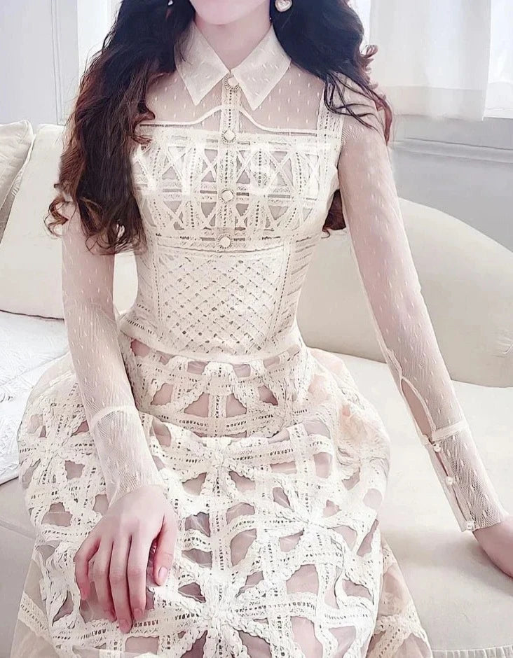 High Quality Mid-Calf Elegant Mesh Stitching Lapel Waist Slim Fit White Dresses