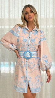Women Shirt Collar Vintage Floral Print Puff Sleeve Single Breasted Spring Summer Long A Line Knee Length Dress