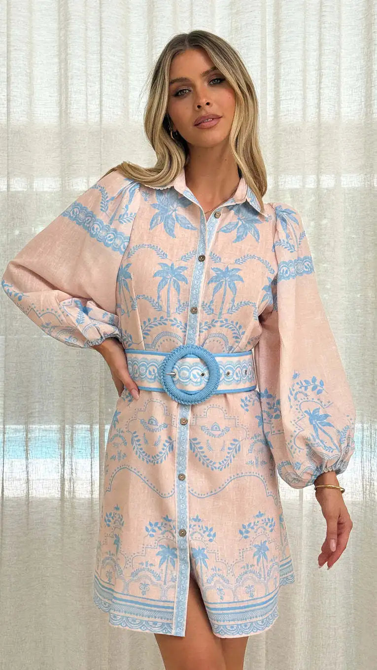 Women Shirt Collar Vintage Floral Print Puff Sleeve Single Breasted Spring Summer Long A Line Knee Length Dress