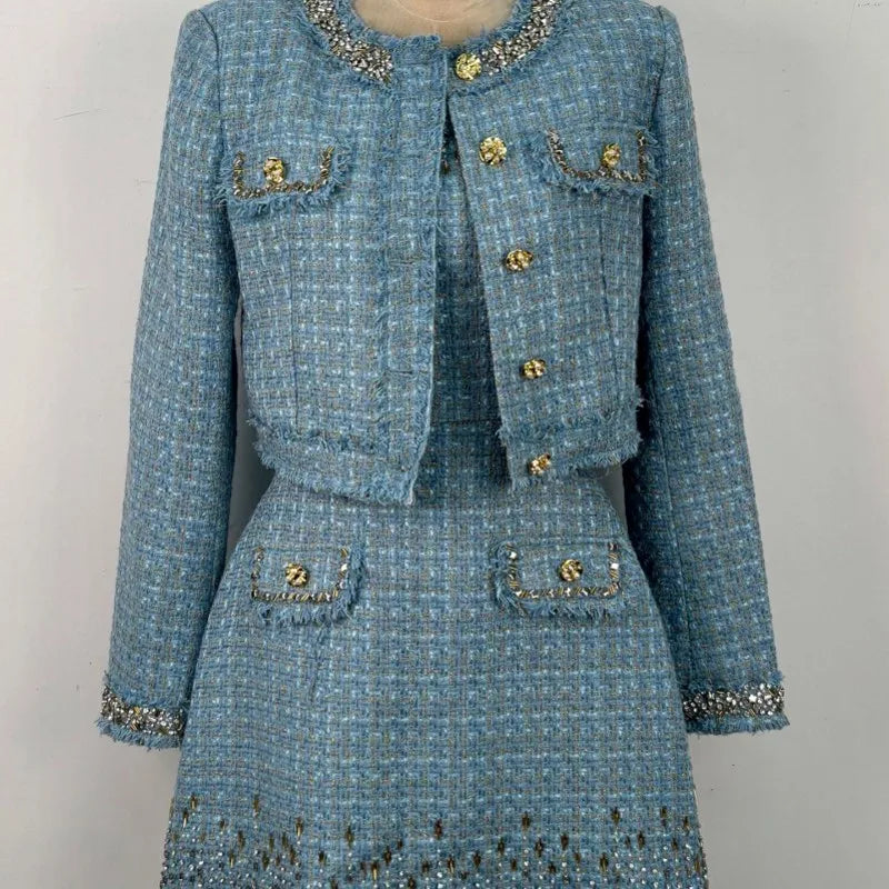 Spring Elegant Womens O Neck Beading Short Tweed Jacket Outfits Above Knee Length Sundress Two-Piece Set Slim Jackets Dress Sets