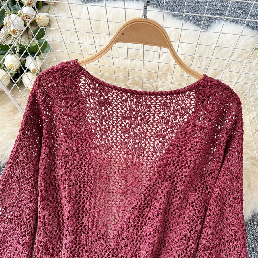 Two Piece Sets Women Skirt Set Full Sleeve Tops Long Skirts A Line High Waist  Streetwear Hollow Out Knit Work Autumn
