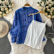 Summer Embroidery Maxi Dress Two Piece Set Women Blue Hollow Lace Long Sleeve Blouse Shirts 3pcs Sets Elastic Waist Skirts Suits