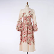 Elegant dress with floral print, high neck, long sleeves with high-quality belt