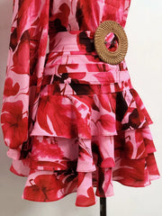 Sexy Diagonal Collar Long Sleeve Floral Mini Dress Elegant Slanted Shoulder Belt Printing Slim Dress Women Party Club Evening