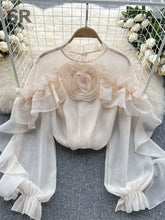 High-quality lantern-sleeved high-neck flared blouse in various colors