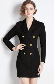 High Quality Black Long Sleeve Double Breasted Midi Elegant Dress