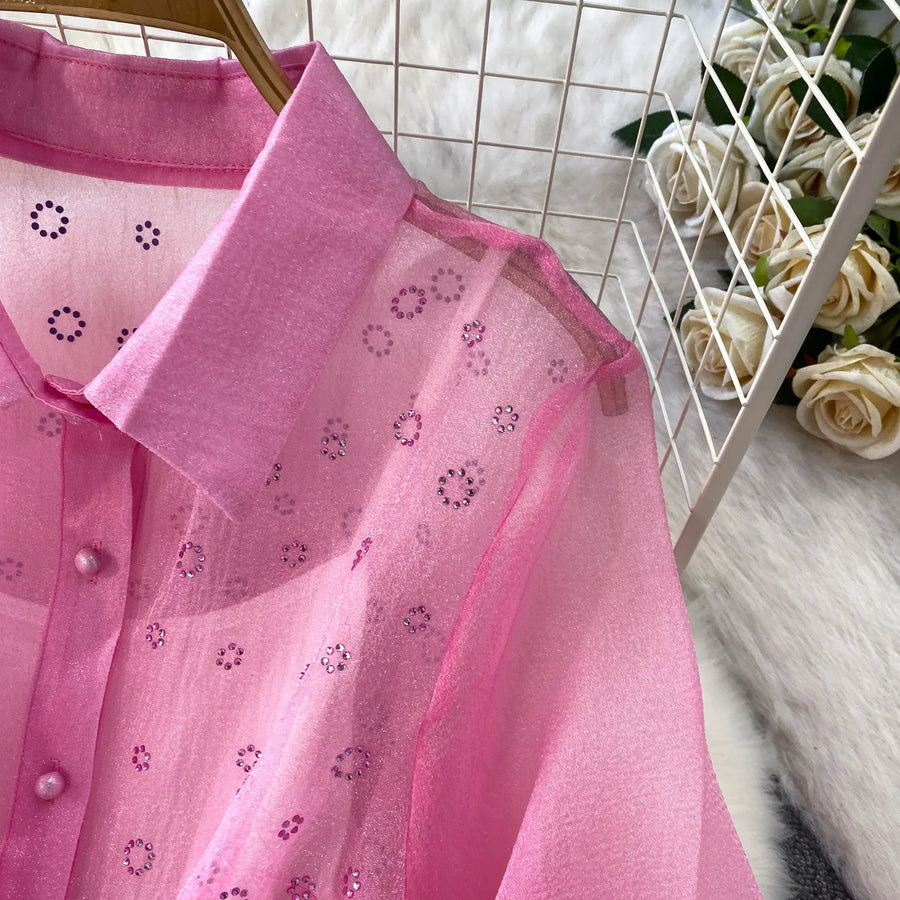 Fashion Temperament Bandage Slim Waist Dress Fairy Gauze Ruffled Long Robe Turn-down Collar Single Breasted Diamonds Vestidos