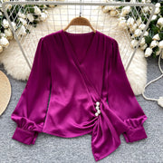 Basic long sleeve V-neck blouse, vintage asymmetrical style, beaded embroidered, high-quality pleated