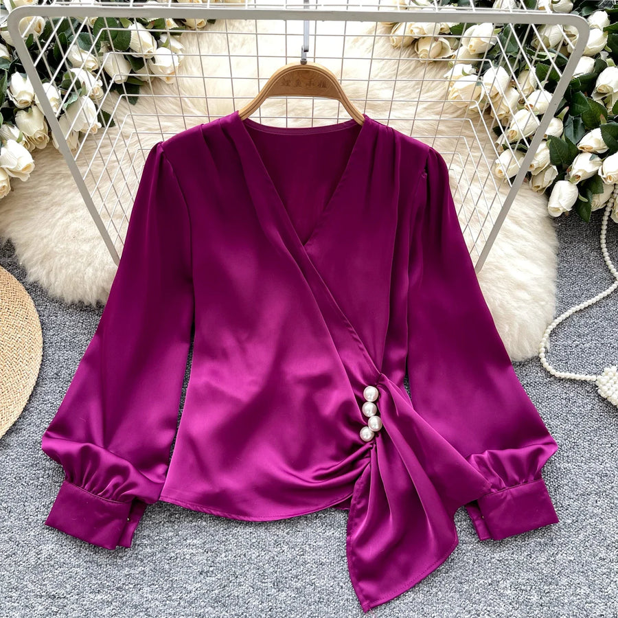 Basic long sleeve V-neck blouse, vintage asymmetrical style, beaded embroidered, high-quality pleated