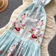 Mint Green Floral Print Sleeveless A-Line Dress Women Summer High Waist Simple Pure Desire Style Commute Suitable City Outfit