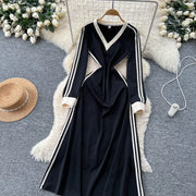 Chic vintage patchwork striped dress Elegant Fairy korean fashion autumn Party women clothing