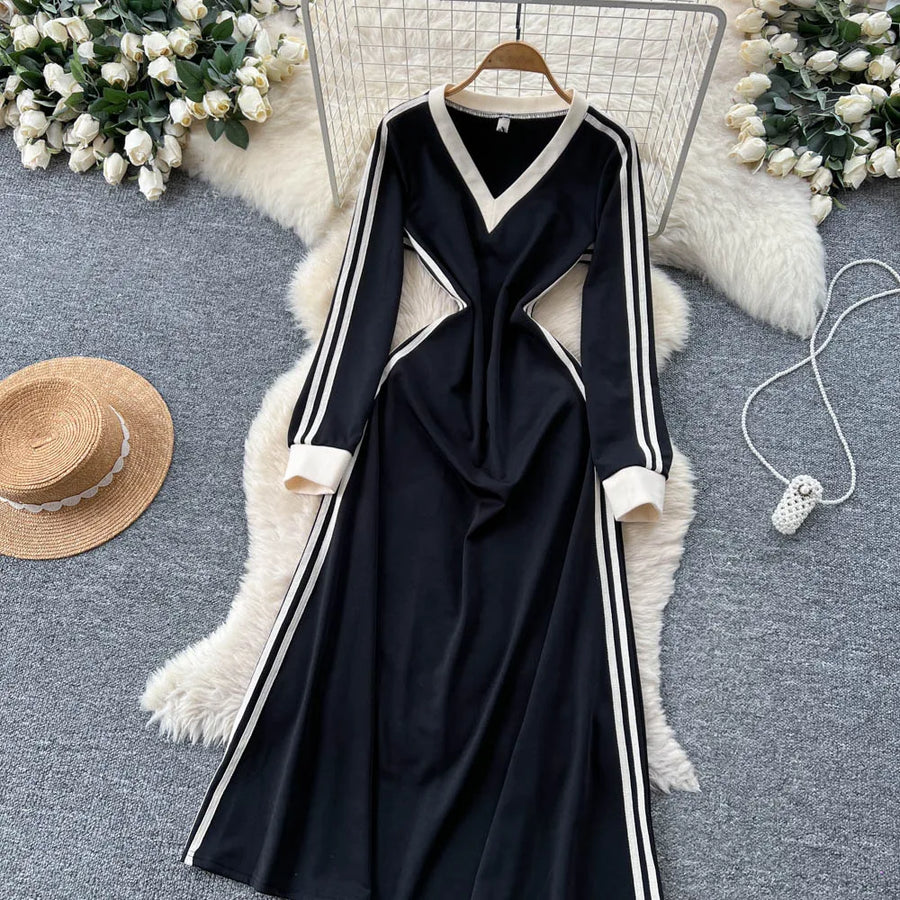 Chic vintage patchwork striped dress Elegant Fairy korean fashion autumn Party women clothing