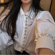 Shirts Women Long Sleeve White Shirts Woman Rhinestones Tops  Camisas De Mujer Women Button Up Shirt