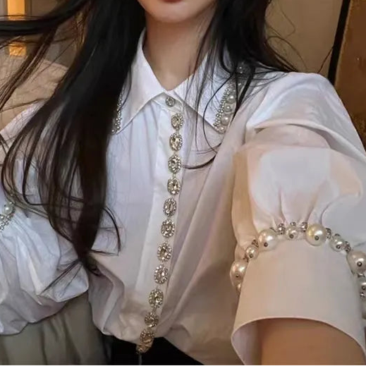 Shirts Women Long Sleeve White Shirts Woman Rhinestones Tops  Camisas De Mujer Women Button Up Shirt
