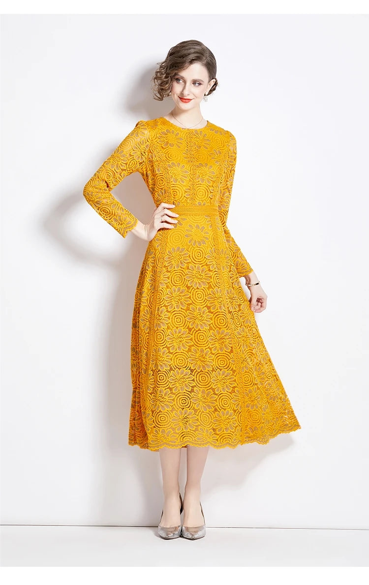 High Quality Pink and Yellow Lace Long Sleeve A-line Elegant Dress